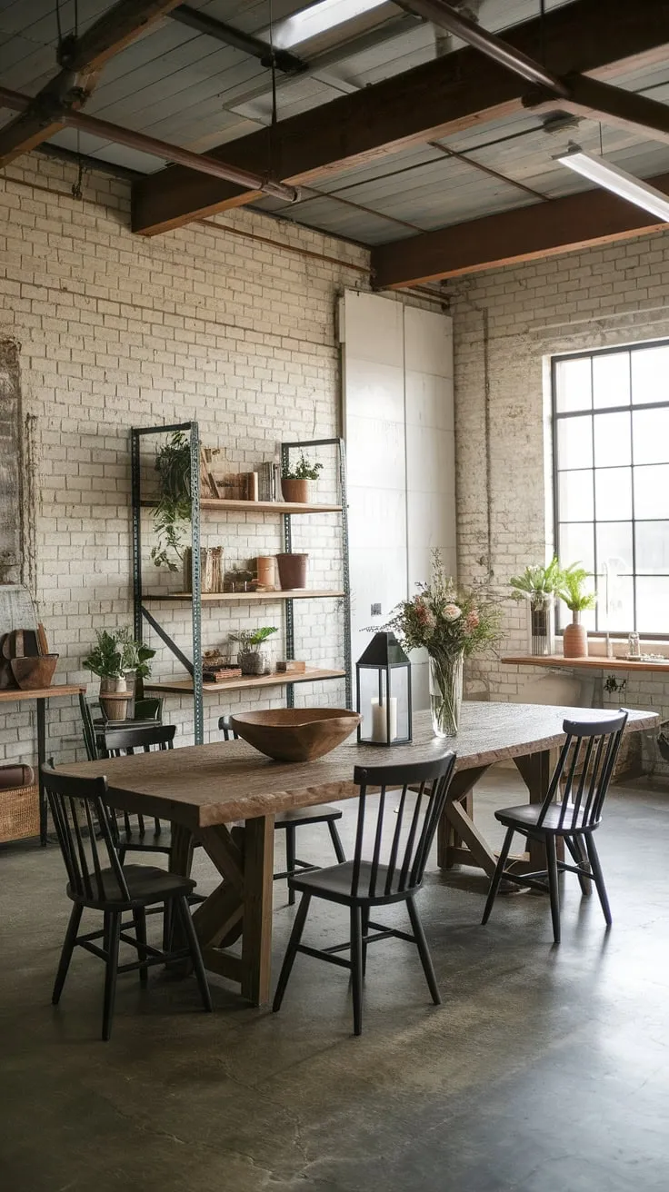 This space effortlessly blends the raw textures of industrial interior design with the cozy charm of farmhouse design ideas.  The result?  A stunning warehouse style decor that showcases the best of both worlds – industrial decor meets rustic elegance.