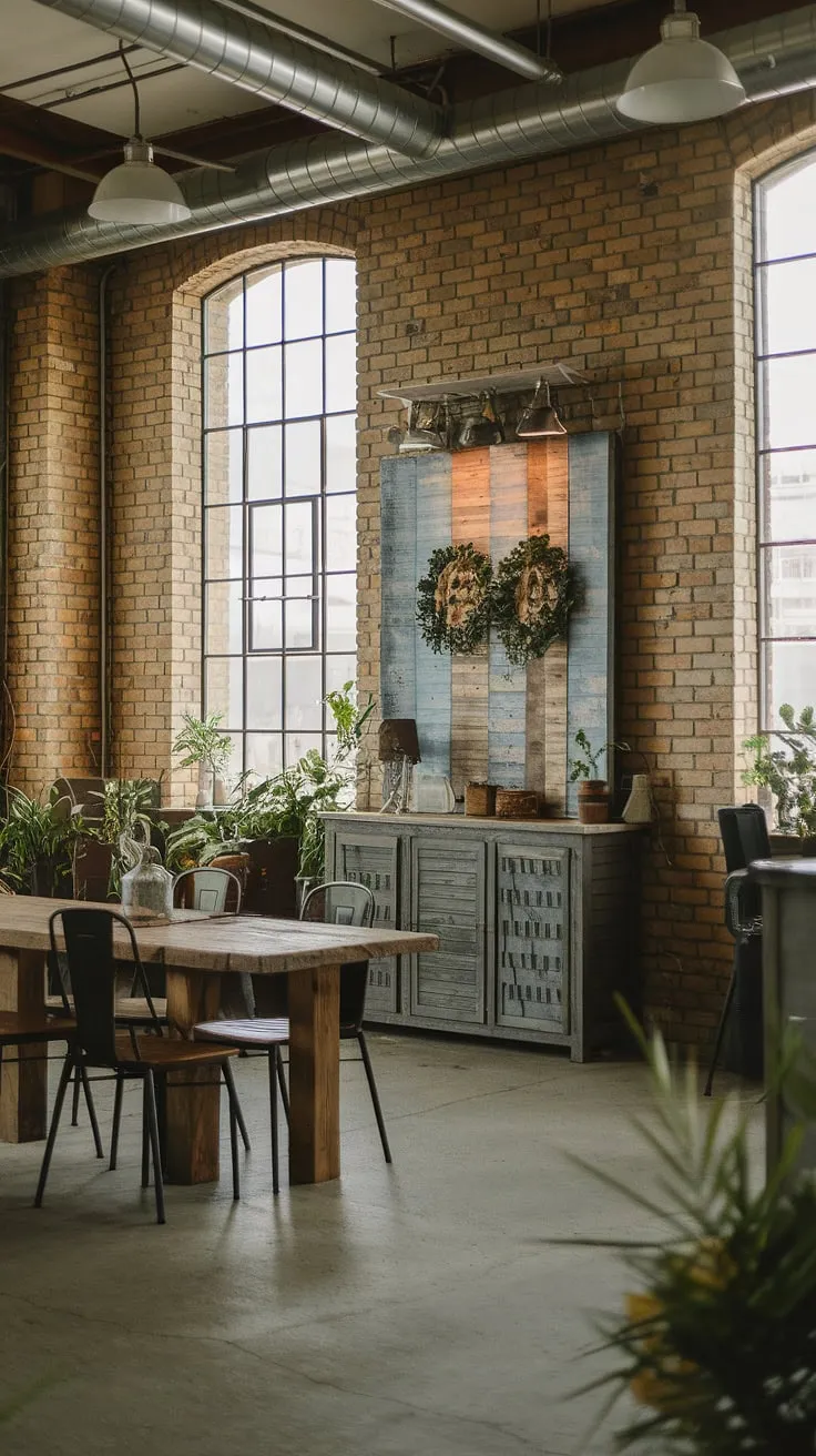 Raw industrial elements meet rustic farmhouse charm in this captivating interior.  Industrial decor and warehouse style decor combine effortlessly, creating a space that's both stylish and comfortable, offering fresh farmhouse design ideas.