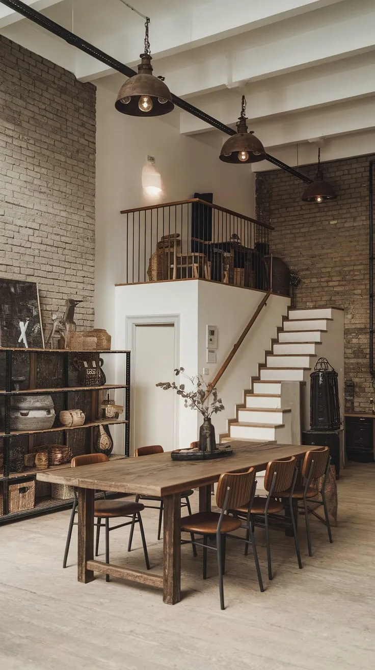 Where rustic charm meets industrial edge. This stunning industrial farmhouse decor seamlessly blends exposed brick walls and warehouse style decor with the warmth of a farmhouse design ideas, creating a space that's both inviting and sophisticated. The large wooden table anchors the room, a perfect gathering spot in this unique industrial interior design.