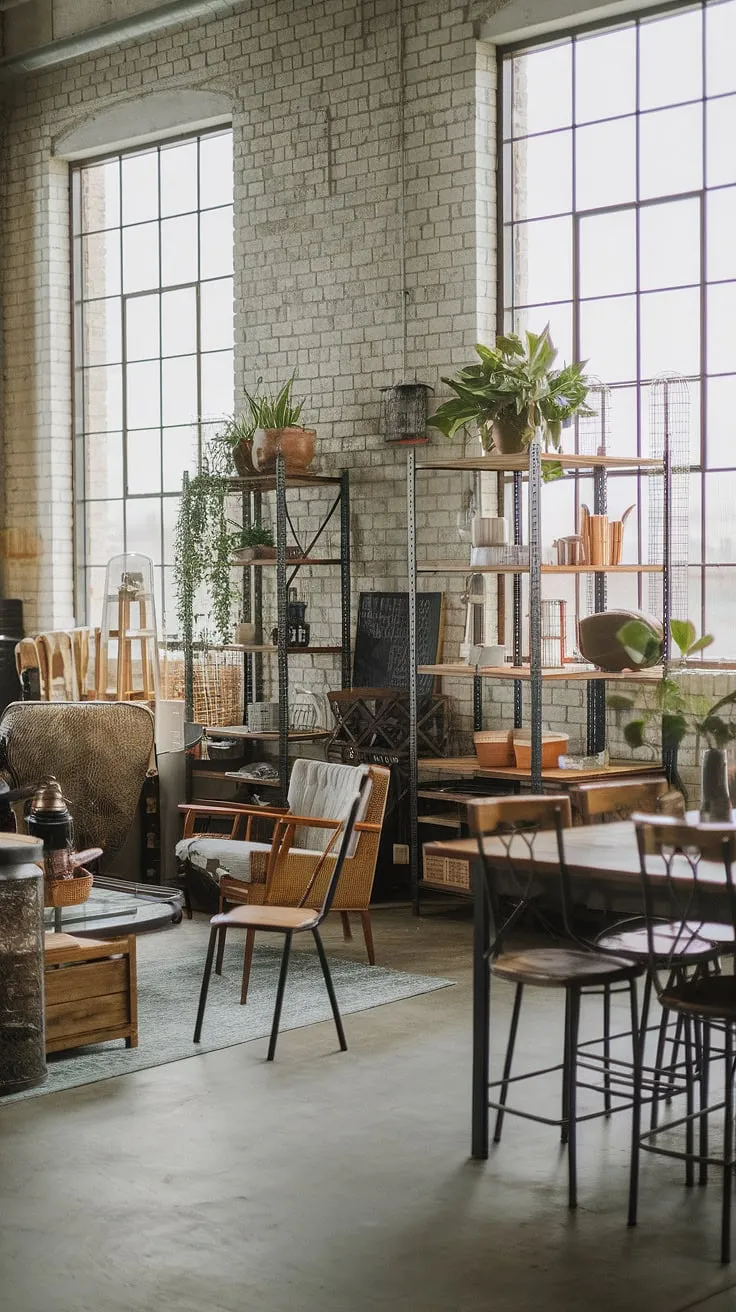Industrial decor meets farmhouse charm in this breathtaking interior.  Warehouse style decor elements are expertly woven into the farmhouse design ideas, creating a truly captivating example of industrial interior design.