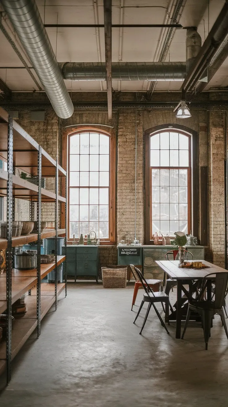 This space effortlessly blends the raw textures of industrial interior design with the warm charm of farmhouse design ideas.  The result?  A stunning warehouse style decor that showcases the best of industrial decor and industrial farmhouse decor, creating a truly unique and inviting atmosphere.