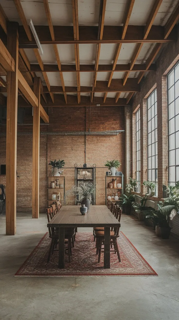 This stunning space seamlessly blends industrial farmhouse decor with warehouse style decor, showcasing the best of both worlds in its unique industrial interior design.  The result is a breathtaking farmhouse design ideas masterpiece.