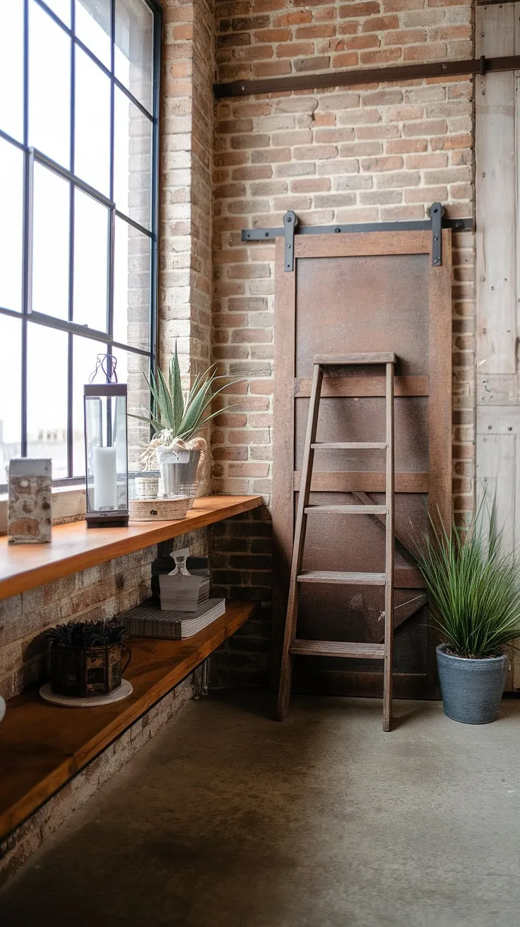 This stunning space seamlessly blends industrial farmhouse decor with warehouse style decor, showcasing the best of both worlds in industrial interior design.  The result is a unique and inviting farmhouse design ideas that's both rustic and refined.