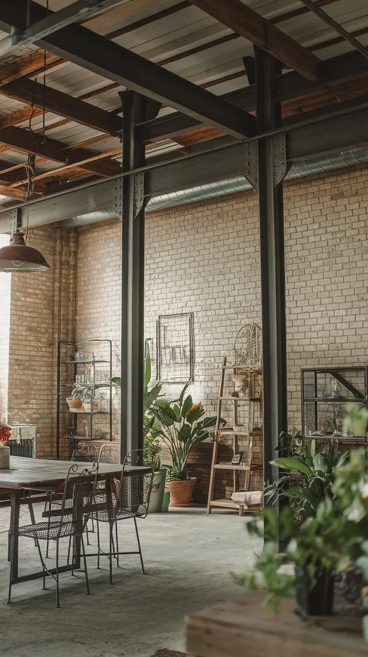 This stunning space seamlessly blends industrial farmhouse decor with warehouse style decor, showcasing the best of both worlds in industrial interior design.  The result is a rustic yet refined aesthetic, brimming with farmhouse design ideas.