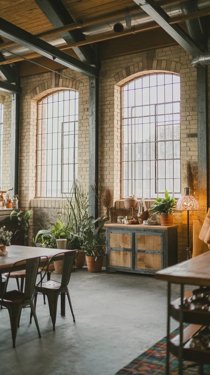 Industrial decor meets farmhouse charm in this breathtaking interior.  Warehouse style decor elements are masterfully incorporated, creating a truly unique space that exemplifies the best in industrial interior design and farmhouse design ideas.