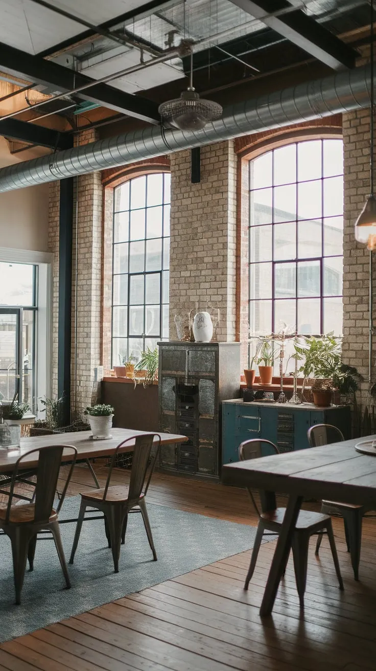 This industrial interior design is a masterclass in texture and contrast.  The high ceilings and exposed brick walls create a dramatic backdrop for the industrial decor, while the rustic wooden table and metal chairs add a touch of farmhouse charm.  Perfect examples of warehouse style decor and farmhouse design ideas seamlessly integrated.