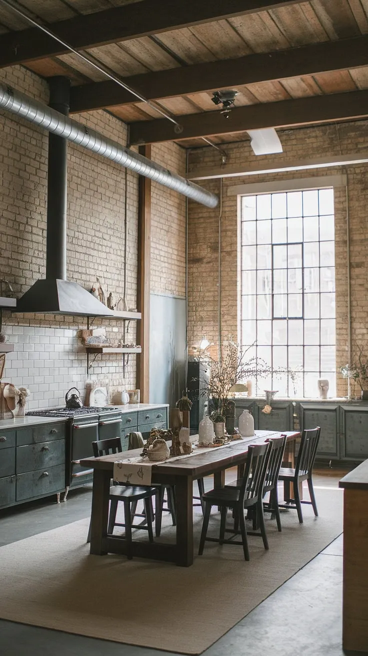 Industrial decor meets farmhouse design ideas in this stunning warehouse style space.  The exposed brick walls and wooden beams provide a raw, industrial backdrop, beautifully complemented by the white-clothed table and warm lighting. This industrial interior design is the epitome of comfortable, yet sophisticated living.