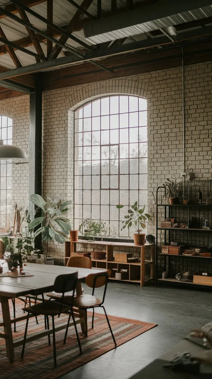 Where rustic charm meets industrial grit. This space showcases the best of industrial farmhouse decor, blending exposed brick and wooden beams with a large farmhouse table and lush greenery for a truly unique warehouse style decor.  Farmhouse design ideas come alive in this stunning industrial interior design.