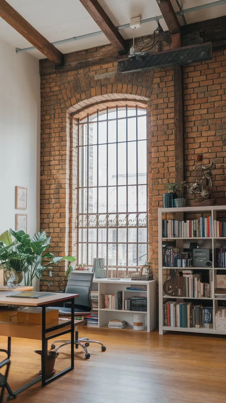 Transform your workspace with this industrial office aesthetic.  The modern industrial decor and industrial design aesthetic combine to create a captivating and inspiring industrial home office, offering a blend of style and functionality for your home office loft ideas.