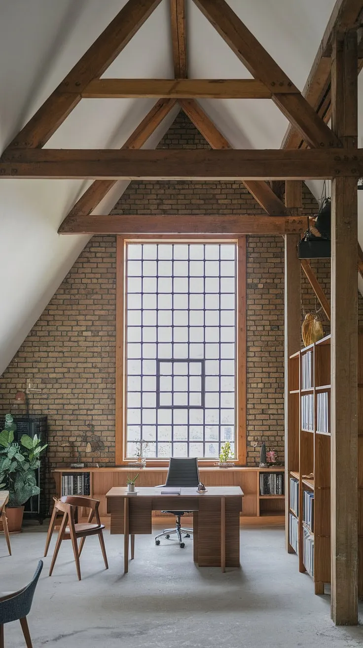 This industrial home office seamlessly blends modern functionality with raw, industrial design aesthetic.  The exposed brick and metal accents create a unique home office loft ideas space, perfect for focused work within a striking industrial modern home office setting.
