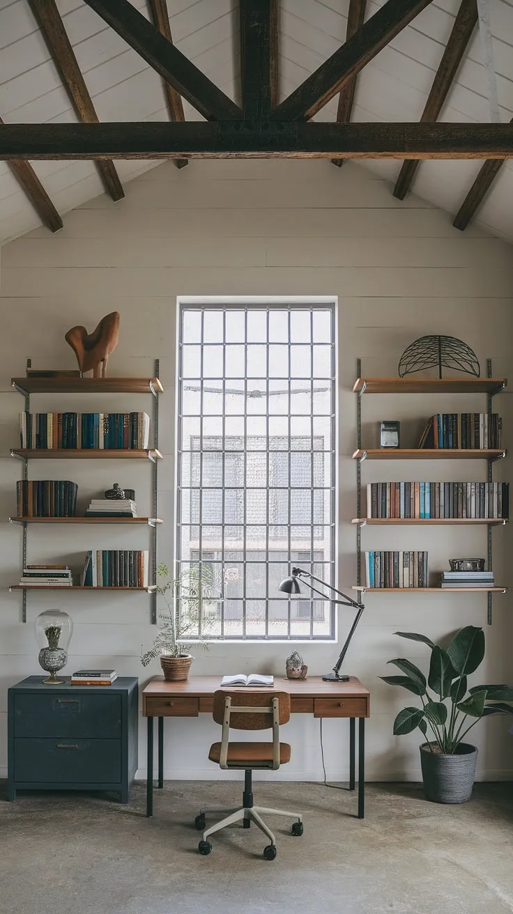 Transform your workspace with this industrial office aesthetic.  The modern industrial decor and industrial design aesthetic combine to create a captivating and inspiring industrial home office, offering a blend of style and functionality for your home office loft ideas.
