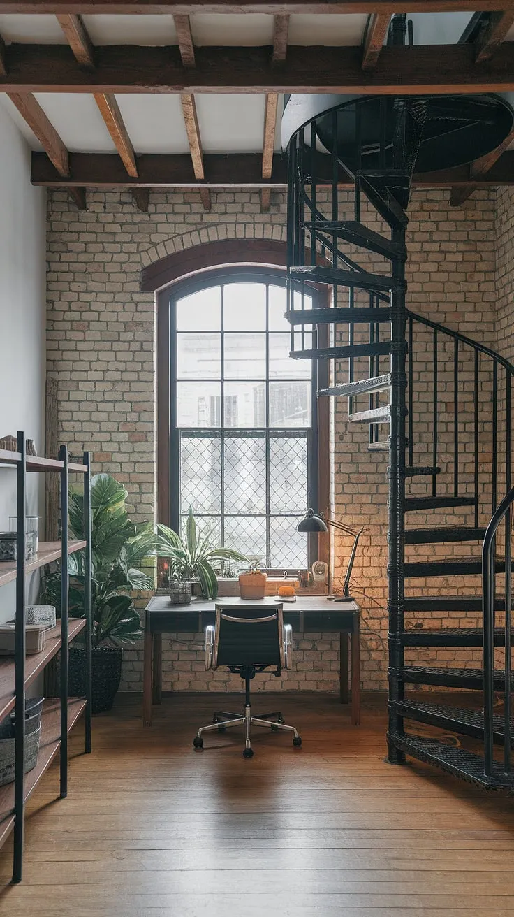 This industrial home office seamlessly blends rugged industrial design aesthetic with modern functionality.  The exposed brick and metal accents create a unique industrial office aesthetic, while the clean lines and thoughtful organization offer a surprisingly productive workspace.  Perfect home office loft ideas for those seeking a blend of raw texture and sophisticated style in their industrial modern home office.