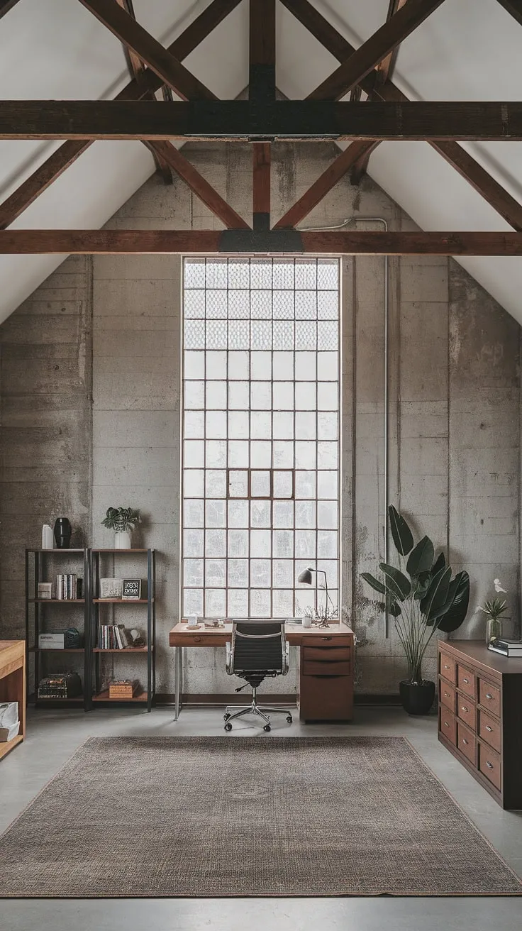 Find your focus in this stunning industrial office aesthetic.  The modern industrial decor, complete with a loft space, creates a workspace that's both inspiring and efficient. This industrial home office perfectly embodies industrial design aesthetic, offering a blend of style and practicality.