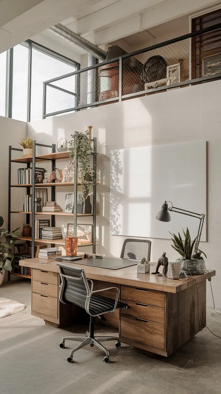 Transform your workspace with this industrial office aesthetic.  The modern industrial decor and industrial design aesthetic combine to create a captivating and inspiring industrial home office, brimming with home office loft ideas.