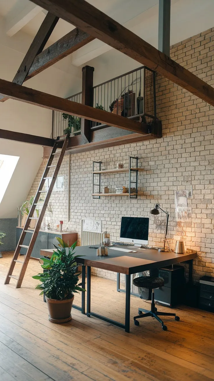 This industrial home office is a testament to the power of industrial office aesthetic. The raw textures, open space, and thoughtful modern industrial decor create a workspace that's both inspiring and efficient.  Find your focus in this stunning example of home office loft ideas.