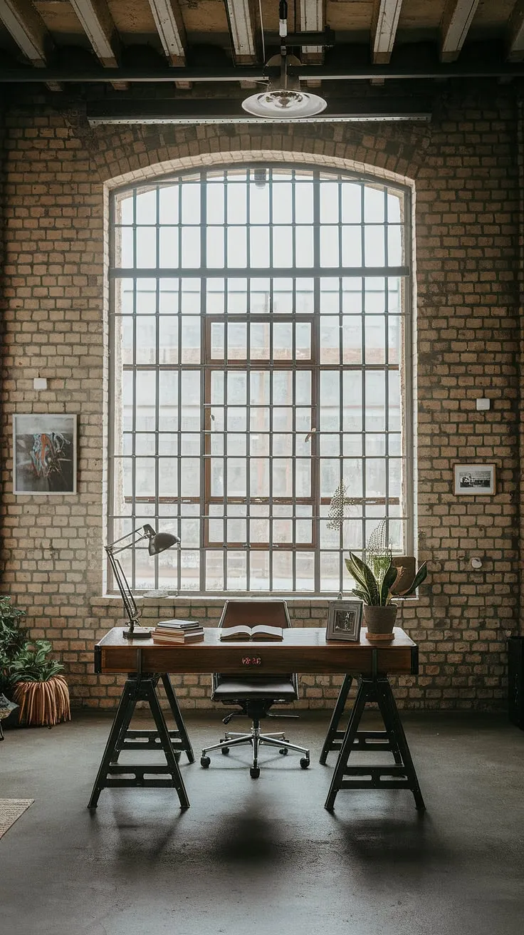 The perfect blend of rugged and refined: this industrial modern home office boasts an industrial office aesthetic that's both functional and stylish.  The raw elements of exposed brick and metal accents are balanced by the warmth of the wood desk and personal touches, making it the ultimate space for productivity and inspiration.