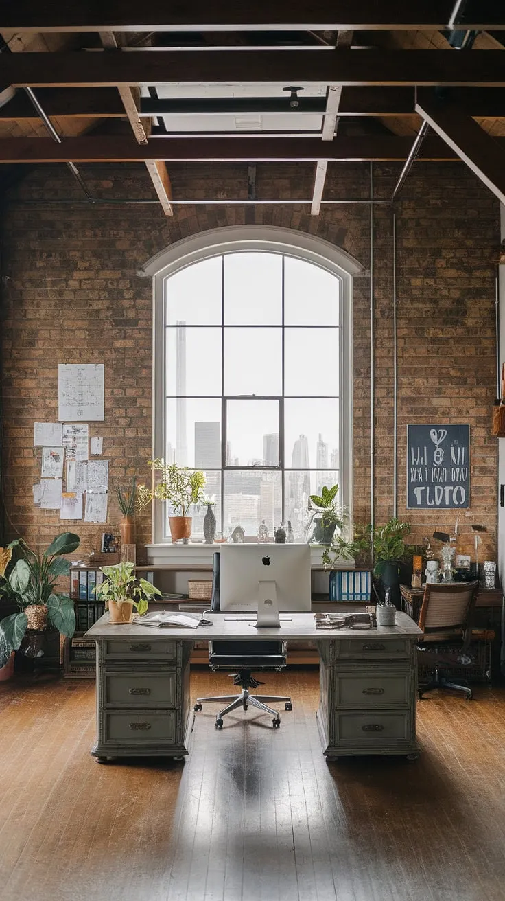 Industrial design aesthetic at its finest. This home office loft showcases the best of modern industrial decor, blending raw industrial elements like exposed brick with warm wood and a stunning city view.  Find inspiration for your own space with these industrial home office ideas.