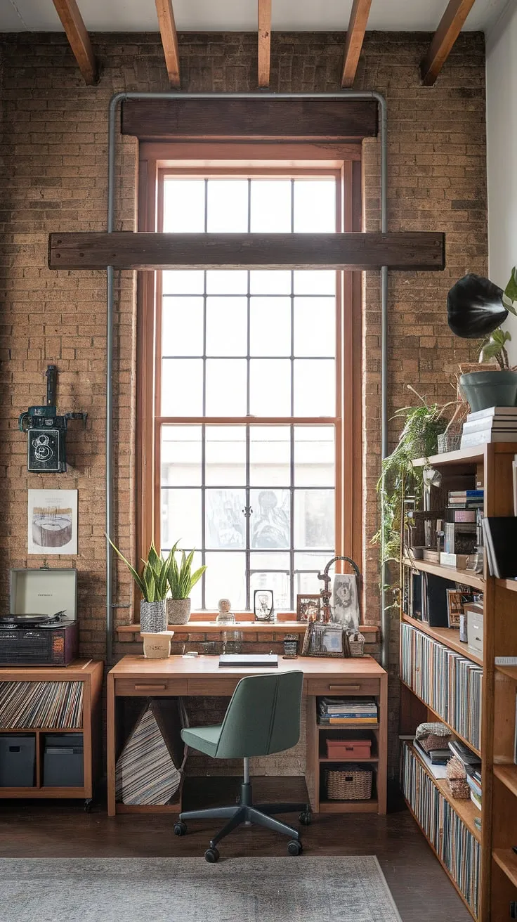 This industrial home office seamlessly blends modern functionality with raw, industrial design aesthetic.  The exposed brick and metal accents create a unique home office loft ideas space, perfect for focused work within a striking industrial modern home office setting.