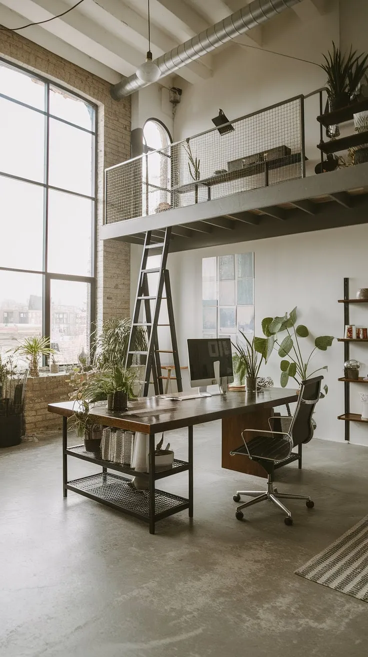 The perfect blend of industrial office aesthetic and modern comfort. This industrial home office showcases the best of modern industrial decor, offering a unique and inspiring workspace with plenty of home office loft ideas.  The industrial design aesthetic is both stylish and functional.