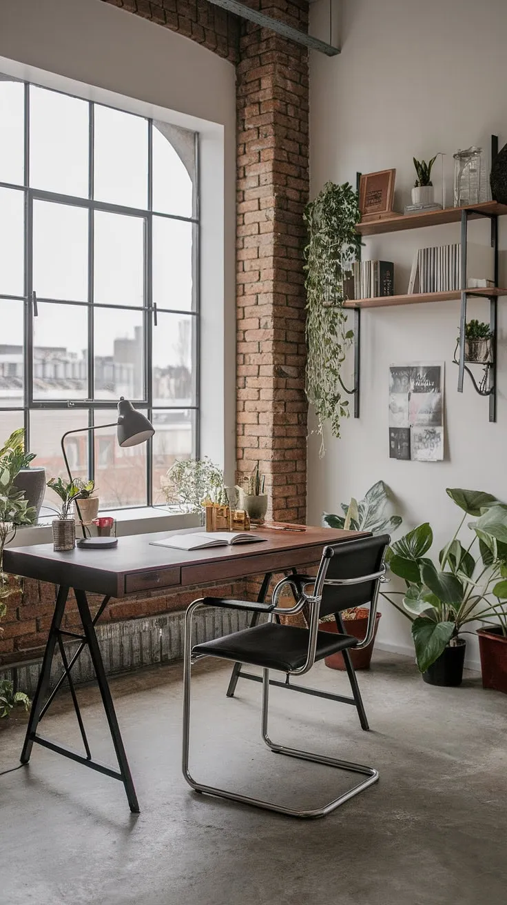 The perfect blend of industrial office aesthetic and modern industrial decor, this home office is a testament to the power of industrial design aesthetic.  Home office loft ideas come to life in this inspiring space, showcasing the best of industrial home office design.