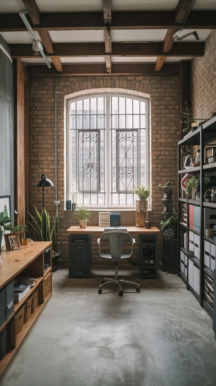 This industrial home office seamlessly blends raw industrial elements—exposed brick, wooden beams, and a concrete floor—with modern functionality.  The loft space maximizes verticality, showcasing a unique industrial design aesthetic perfect for creative work.  Home office loft ideas like this effortlessly combine style and practicality.