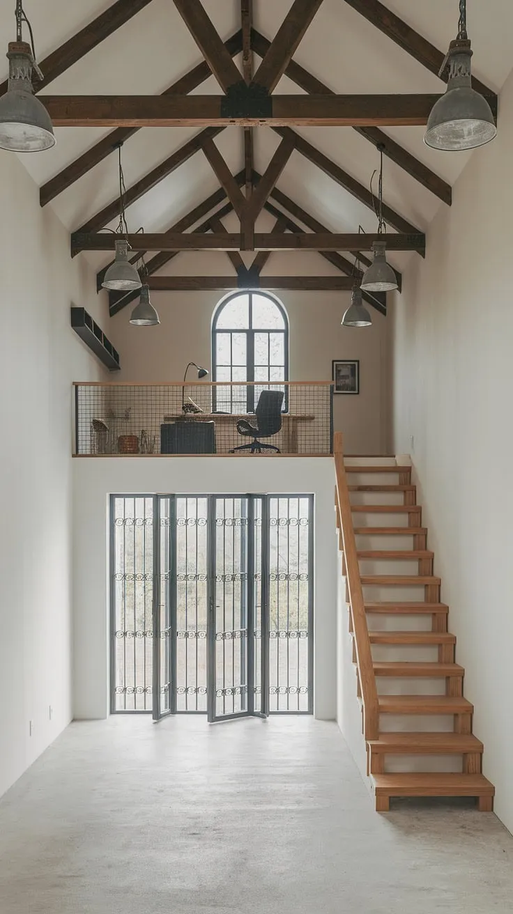 This industrial home office seamlessly blends modern functionality with raw, industrial design aesthetic.  The exposed brick and metal accents create a unique home office loft ideas space, perfect for focused work within a striking industrial modern home office setting.
