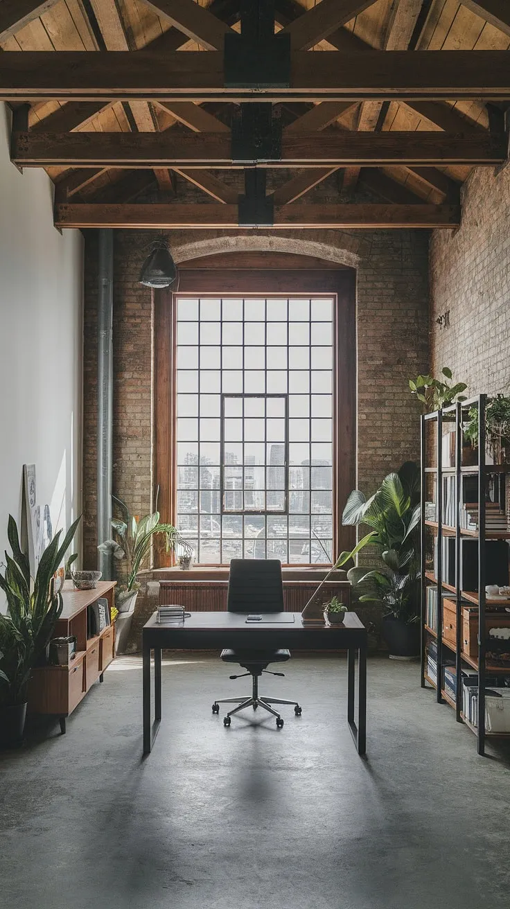 This industrial home office seamlessly blends raw industrial design aesthetic with modern functionality.  The exposed brick and metal accents create a unique industrial office aesthetic, while the clean lines and thoughtful organization deliver a sophisticated industrial modern home office feel. Perfect inspiration for your next home office loft ideas.