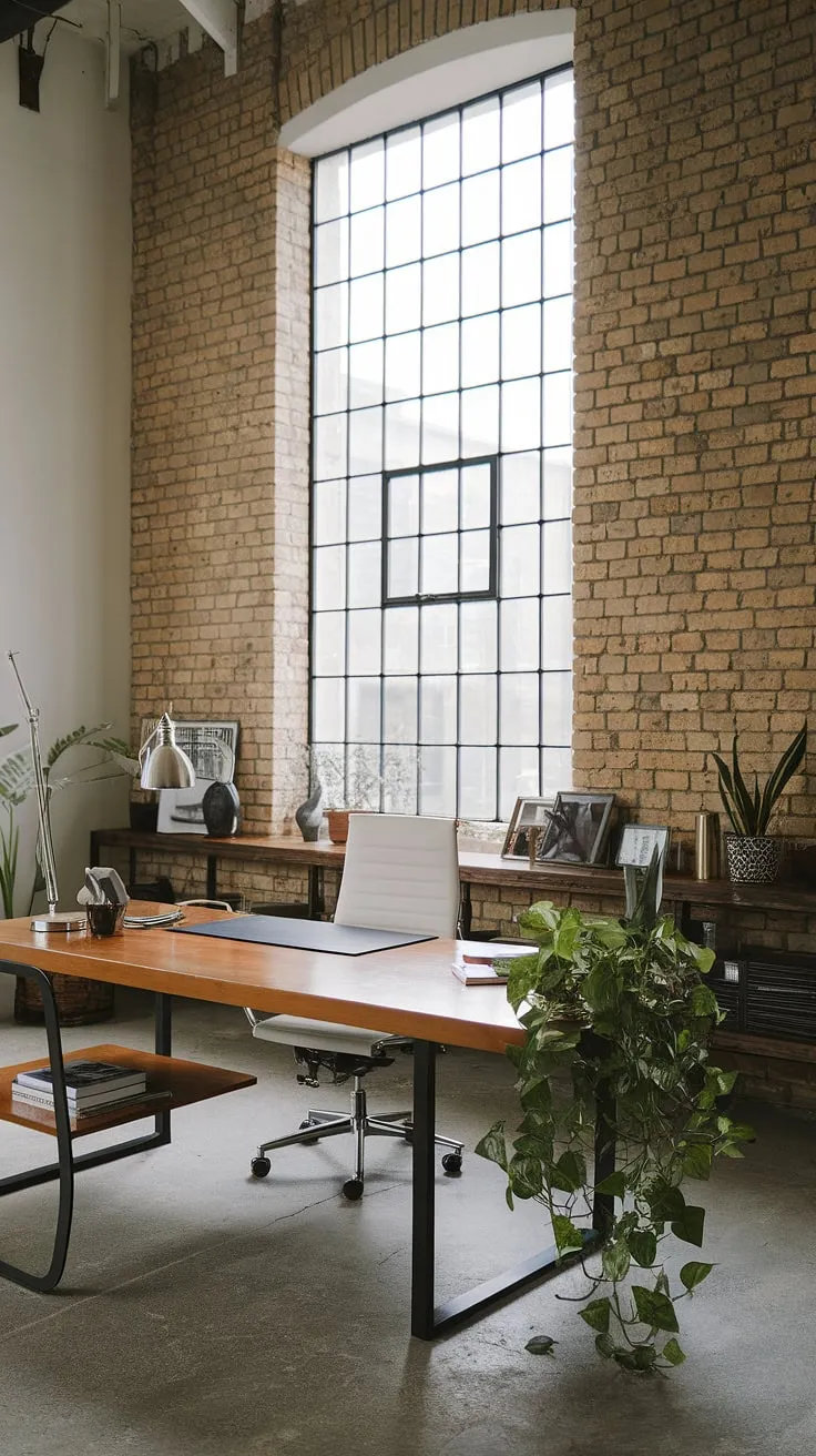 Find your focus in this inspiring industrial modern home office. The juxtaposition of the rustic exposed brick wall and large window with the clean lines of the modern desk and white chair exemplifies the best of industrial office aesthetic and modern industrial decor.  This space is a testament to the power of industrial design aesthetic in creating a productive and stylish home workspace.