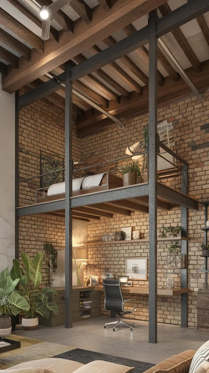 Industrial design aesthetic at its finest. This multi-level space showcases the beauty of exposed brick and wooden beams, creating a stunning industrial home office.  The modern industrial decor complements the high ceilings and concrete floor, offering a perfect blend of style and functionality.  Explore these home office loft ideas for your own inspiring workspace.