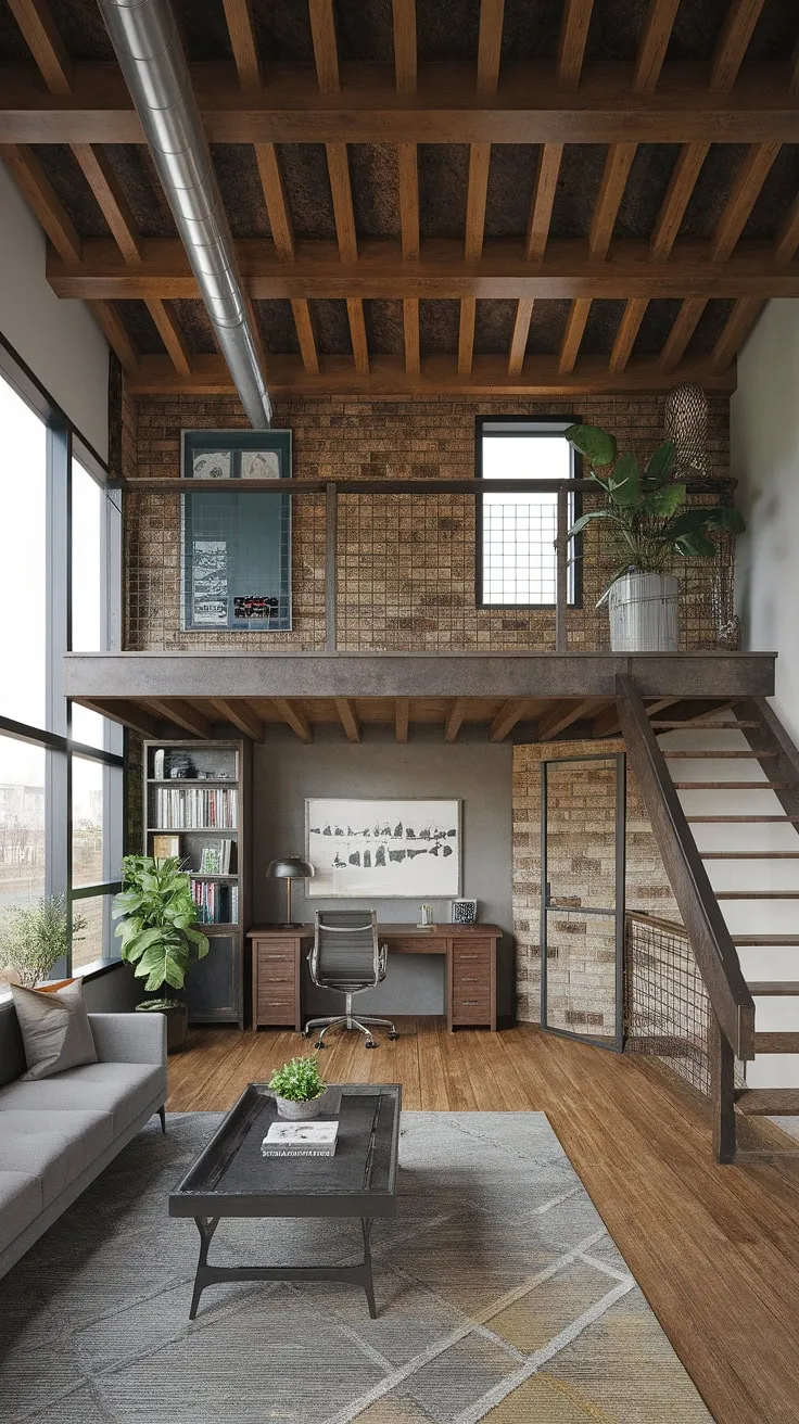 Work from home in style. This industrial modern home office boasts a stunning loft design, perfectly embodying the industrial office aesthetic.  Modern industrial decor elements are thoughtfully incorporated throughout, from the exposed pipes and brick to the warm wood flooring.  This space offers the perfect blend of functionality and inspiring design, making it a dream workspace, full of home office loft ideas.