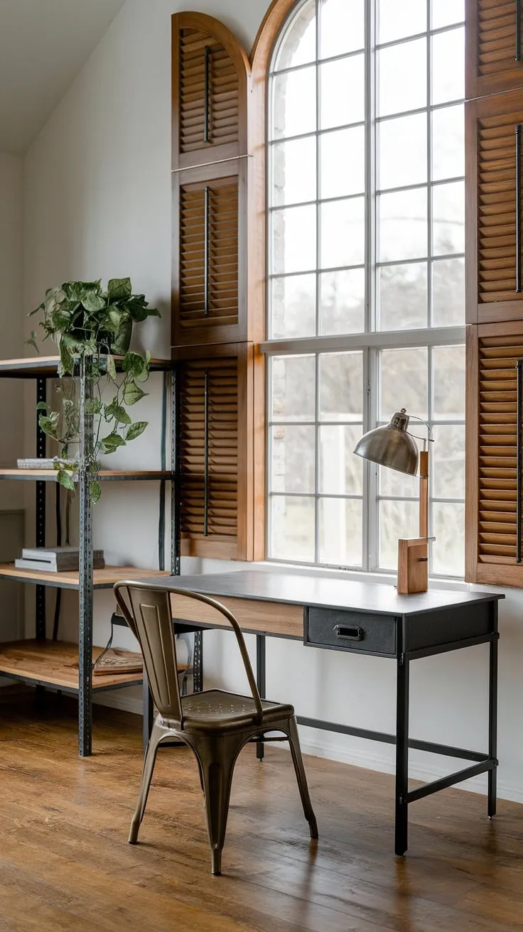 This industrial office aesthetic is effortlessly chic.  The blend of raw metal, warm wood, and natural light showcases the best of industrial modern home office design.  A perfect example of how to incorporate industrial design aesthetic into a comfortable and productive home workspace.