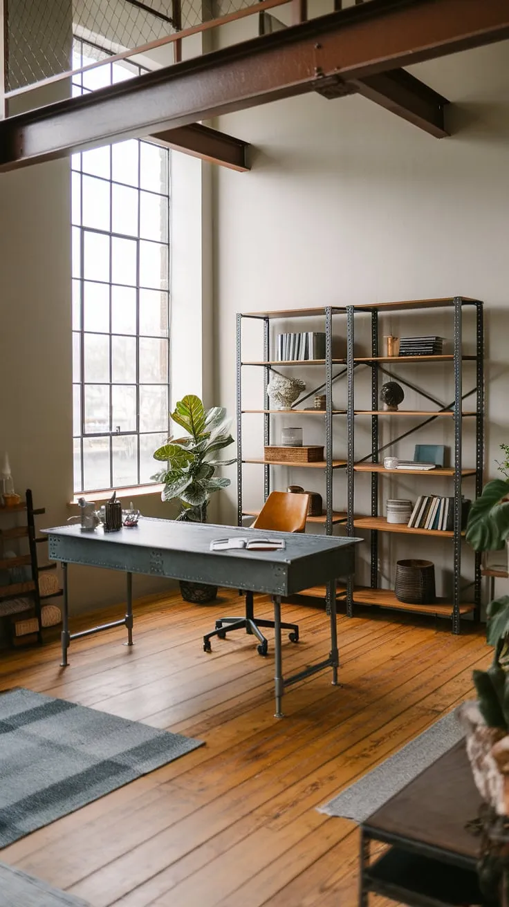 This industrial home office seamlessly blends modern functionality with raw, industrial design aesthetic.  The exposed brick and metal accents create a unique home office loft ideas space, perfect for focused work within a striking industrial modern home office setting.