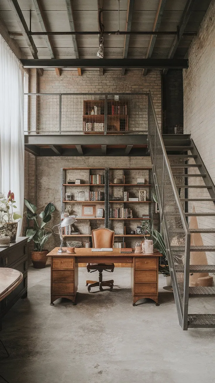 Transform your workspace with this industrial office aesthetic.  The modern industrial decor and industrial design aesthetic combine to create a captivating and inspiring industrial home office, brimming with home office loft ideas.