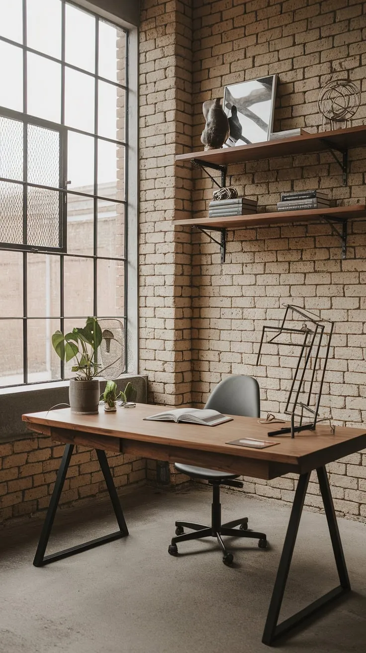 This industrial home office seamlessly blends modern functionality with raw, industrial design aesthetic.  The exposed brick and metal accents create a unique home office loft ideas space, perfect for focused work within a striking industrial modern home office setting.