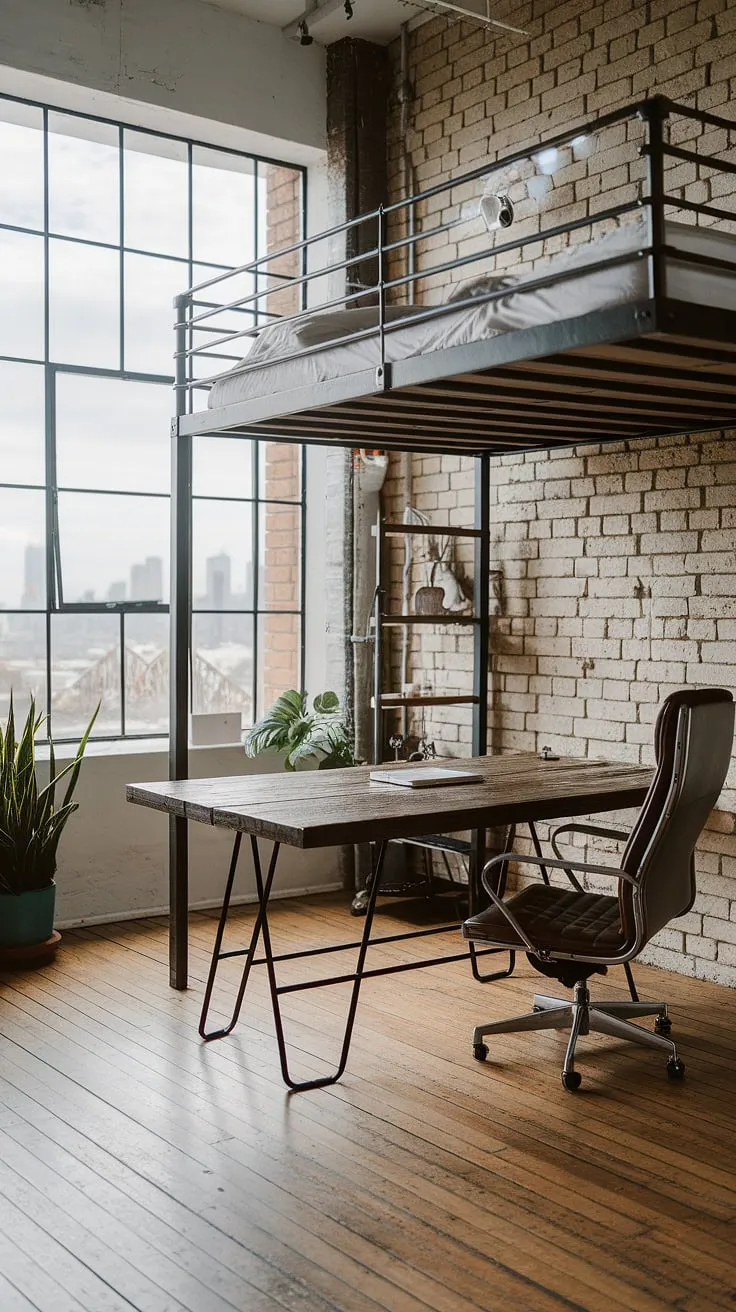 This industrial home office seamlessly blends modern functionality with raw, industrial design aesthetic.  The exposed brick and metal accents create a unique home office loft ideas space, perfect for focused work within a striking industrial modern home office setting.