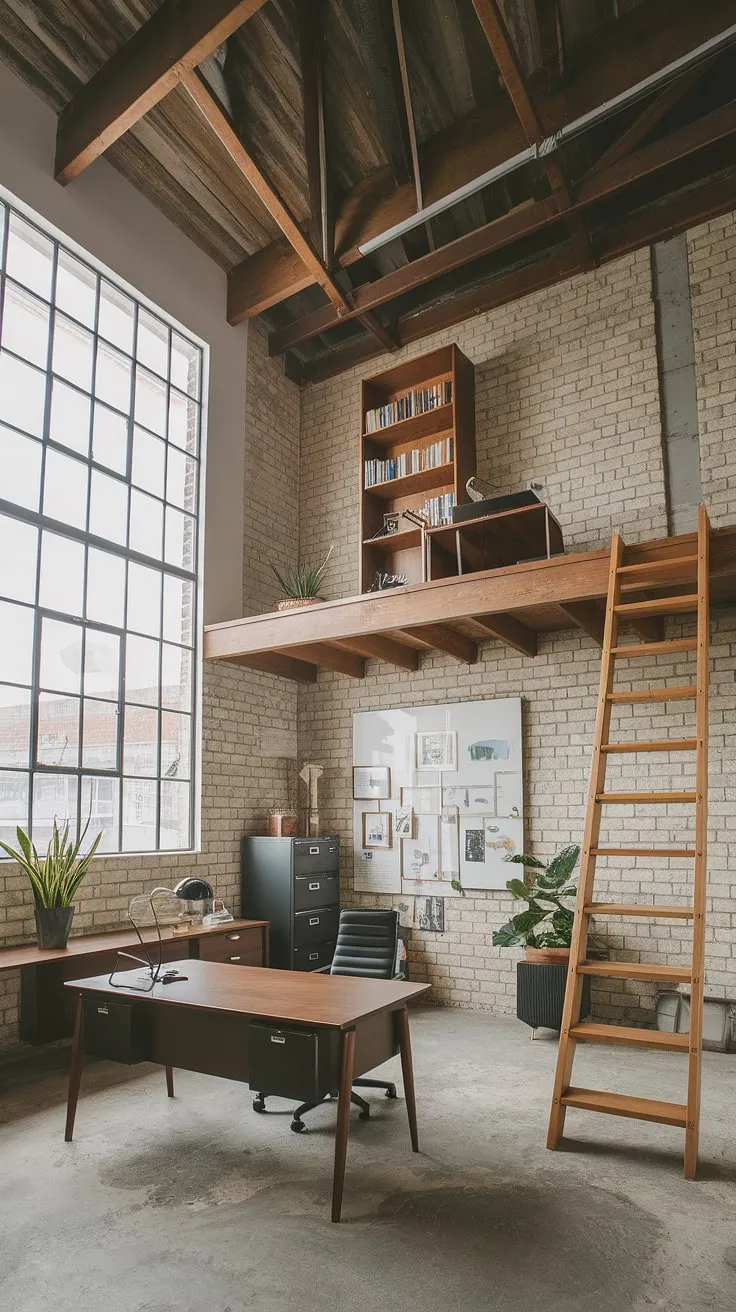 This industrial home office seamlessly blends raw industrial design aesthetic with modern functionality.  The exposed brick and metal accents create a unique industrial office aesthetic, while the clean lines and thoughtful organization deliver a sophisticated industrial modern home office feel.  Perfect inspiration for your next home office loft ideas.