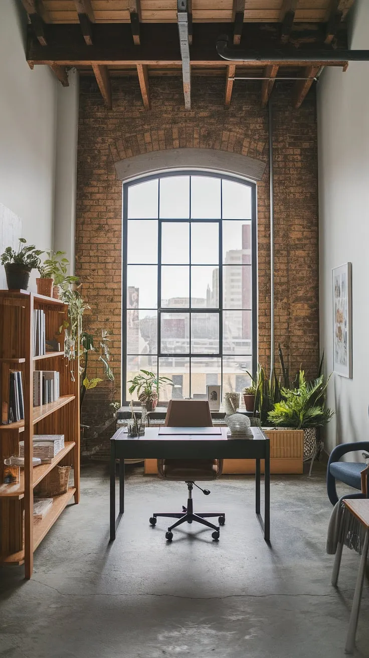 This industrial home office seamlessly blends modern functionality with raw, industrial design aesthetic.  The exposed brick and metal accents create a unique home office loft ideas space, perfect for focused work within a striking industrial modern home office setting.