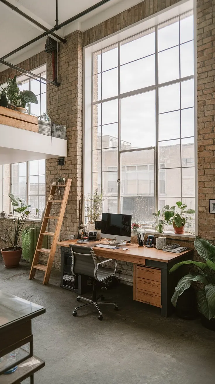 This industrial home office seamlessly blends modern functionality with raw, industrial design aesthetic.  The exposed brick and metal accents create a unique home office loft ideas space, perfect for focused work within a striking industrial modern home office setting.