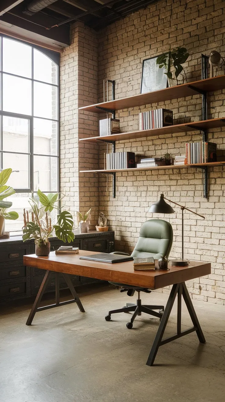 This industrial home office seamlessly blends modern industrial decor with functionality.  The high ceilings and natural light create a spacious and inspiring workspace, showcasing the best of industrial design aesthetic and home office loft ideas.  The exposed brick walls and concrete floor complement the large wooden desk, creating the perfect industrial office aesthetic.