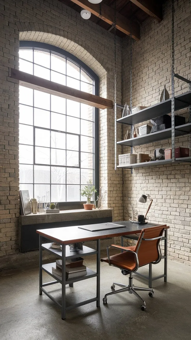 This industrial home office seamlessly blends modern functionality with raw, industrial design aesthetic.  The exposed brick and metal accents create a unique home office loft ideas space, perfect for focused work within a striking industrial modern home office setting.