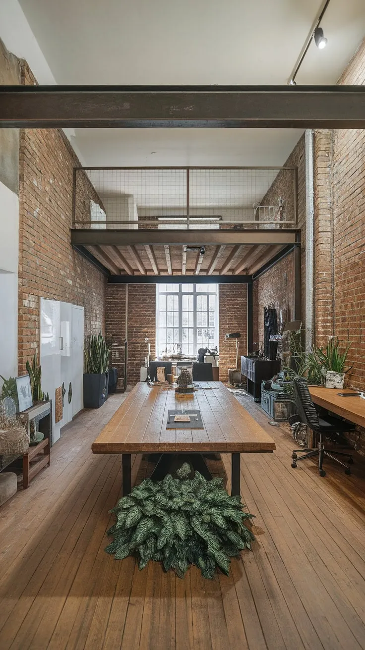 Industrial design aesthetic at its finest. This industrial home office boasts a stunning blend of modern industrial decor and raw, exposed elements. The loft space adds a touch of grandeur, while the warm wood and pops of green soften the industrial feel, making it the ultimate workspace.  Explore these home office loft ideas for your own industrial modern home office.