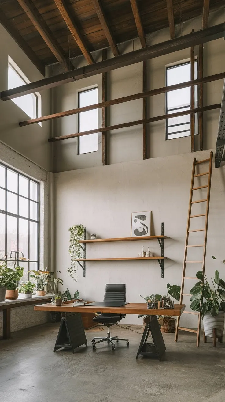 This industrial home office seamlessly blends modern functionality with rustic charm.  The high ceilings, exposed beams, and concrete floor create a stunning industrial office aesthetic, while the wooden desk and pops of greenery soften the space, offering inspiring home office loft ideas.  The result is an industrial modern home office that's both stylish and productive.