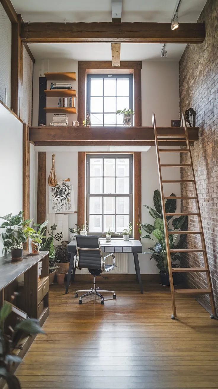 This industrial home office seamlessly blends modern functionality with raw, industrial design aesthetic.  The exposed brick and metal accents create a unique home office loft ideas space, perfect for focused work within a striking industrial modern home office setting.