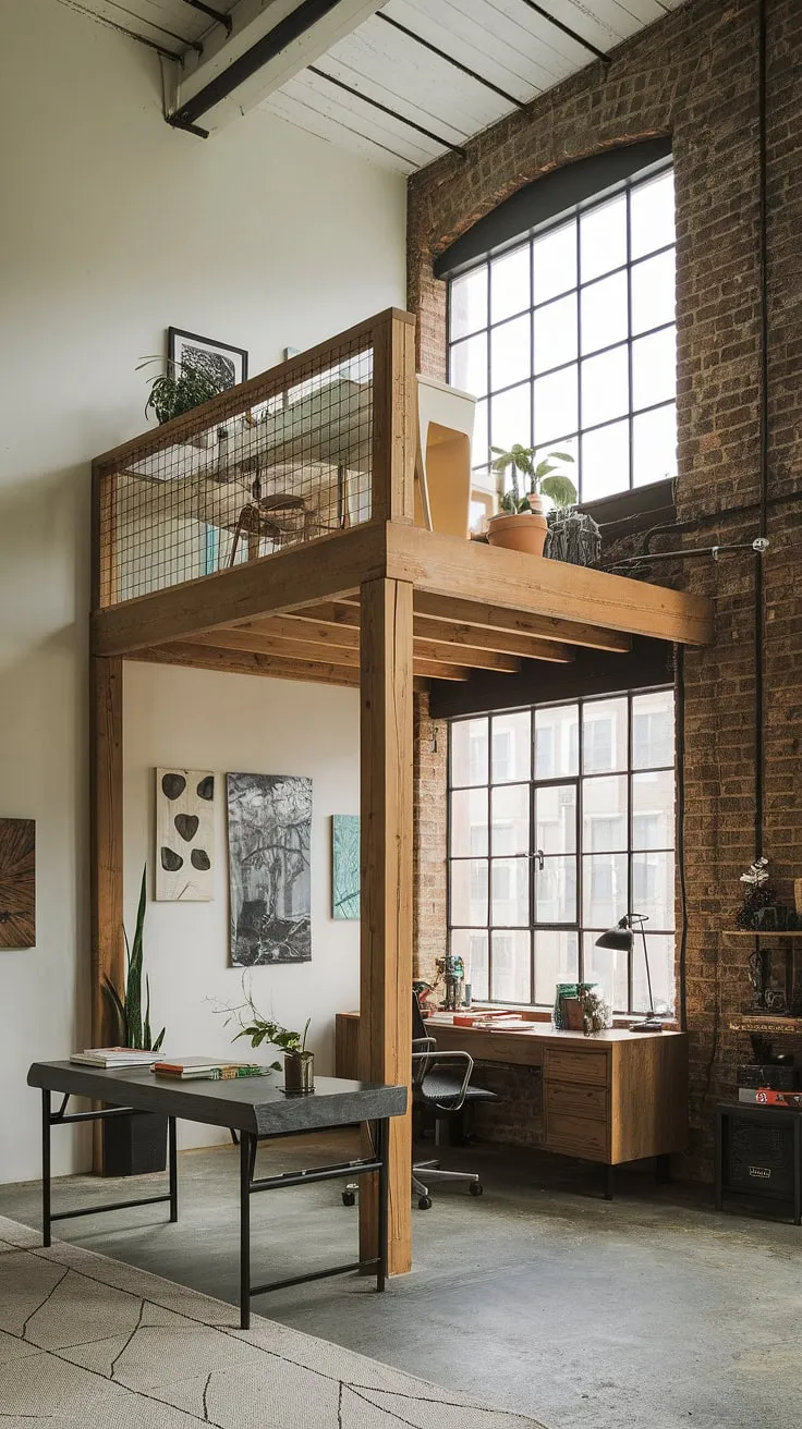 This industrial home office seamlessly blends modern functionality with raw, industrial design aesthetic.  The exposed brick and metal accents create a unique home office loft ideas space, perfect for focused work within a striking industrial modern home office setting.