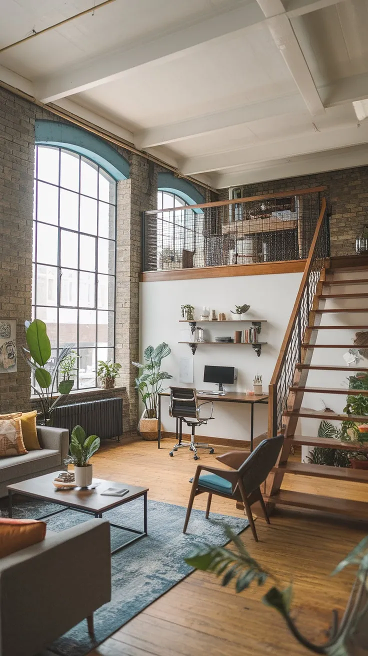 Industrial office aesthetic at its finest! This stunning space showcases the beauty of modern industrial decor, with exposed brick, high ceilings, and a loft workspace.  The blend of industrial design aesthetic and comfortable living elements makes this the ultimate industrial home office, brimming with inspiring home office loft ideas.