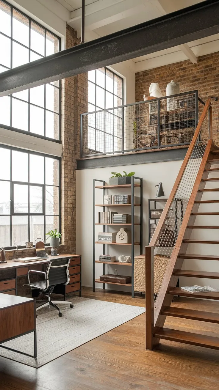 The exposed brick, metal beams, and wooden staircase create a captivating industrial office aesthetic in this stunning home office.  Modern industrial decor meets functionality in this space, offering a blend of style and practicality.  Explore the possibilities of industrial home office design with this inspiring loft setup.