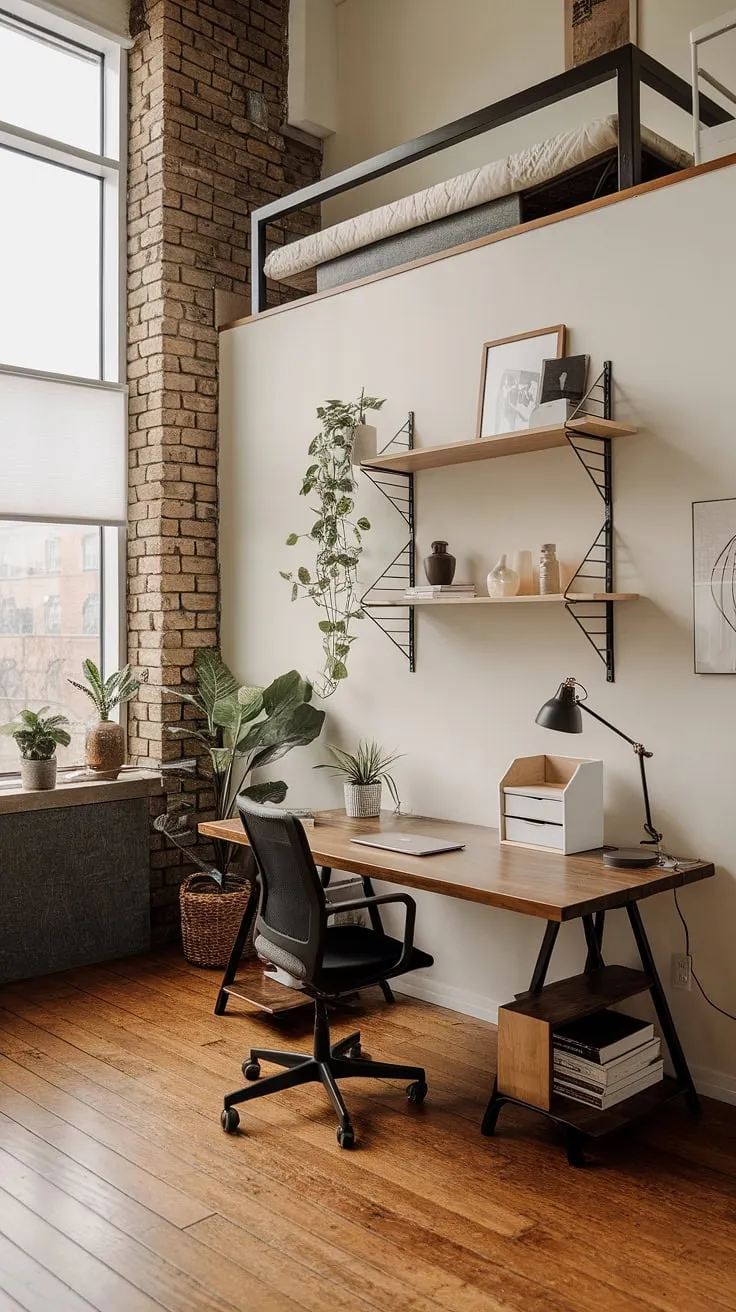 Work from home in style. This industrial modern home office boasts a stunning loft, exposed brick, and plenty of natural light, showcasing the best of modern industrial decor and industrial design aesthetic.  Find your focus in this inspiring space.