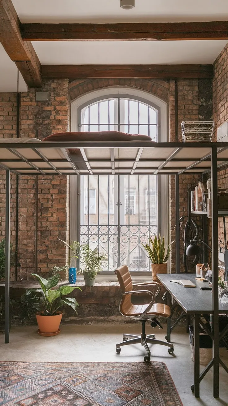 Transform your workspace with this industrial office aesthetic.  The modern industrial decor and industrial design aesthetic combine to create a captivating and productive industrial home office, offering inspiring home office loft ideas for those seeking a unique and stylish space.