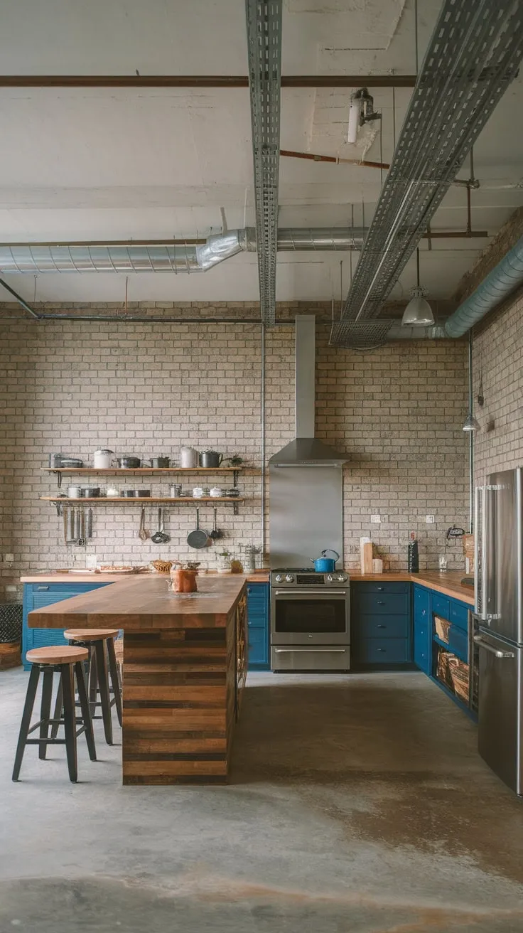 Exposed pipes and brick walls highlight the functional simplicity of this modern industrial kitchen.
