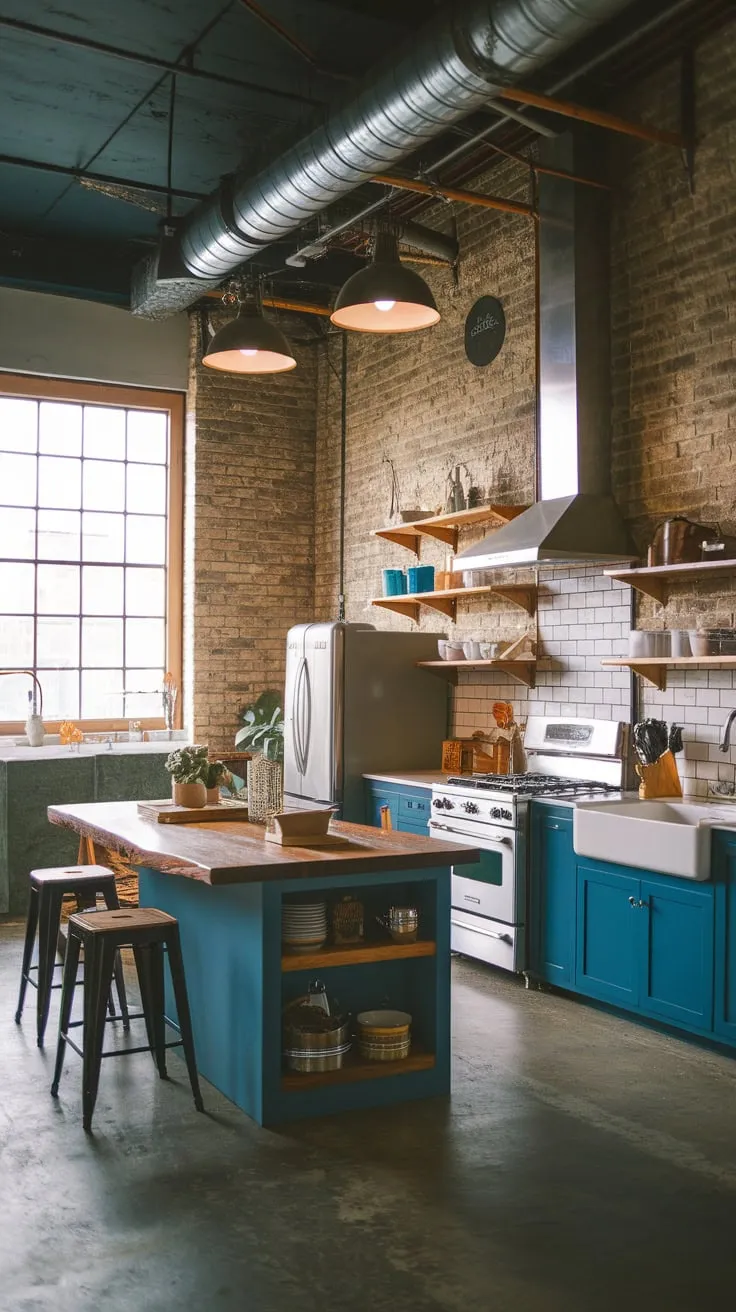 Exposed brick, high ceilings, and a large wood-topped island define this modern industrial kitchen's stylish functionality.